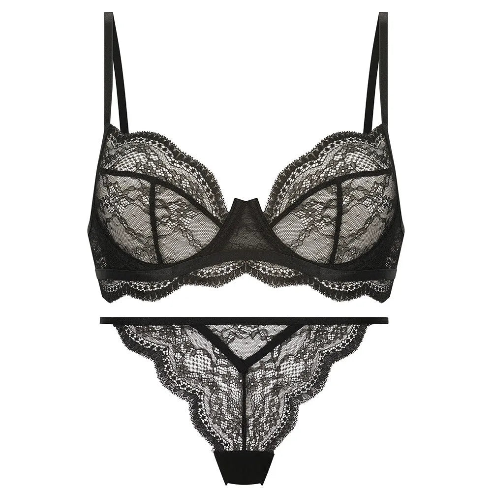 Women's black French bra bikini set with fixed double shoulder straps