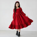 Girl's long sleeve solid red square neck dress with flounce skirt on a child