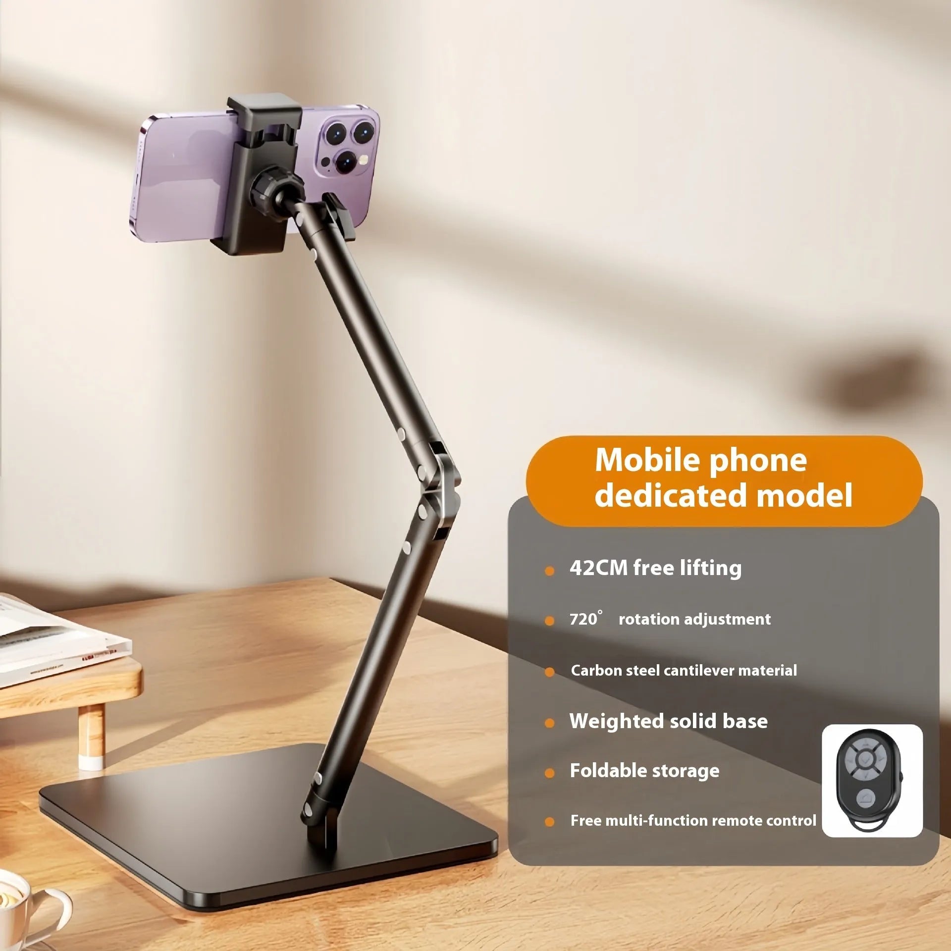 Alloy desktop bracket holding a mobile phone with adjustable arms for live streaming and shooting