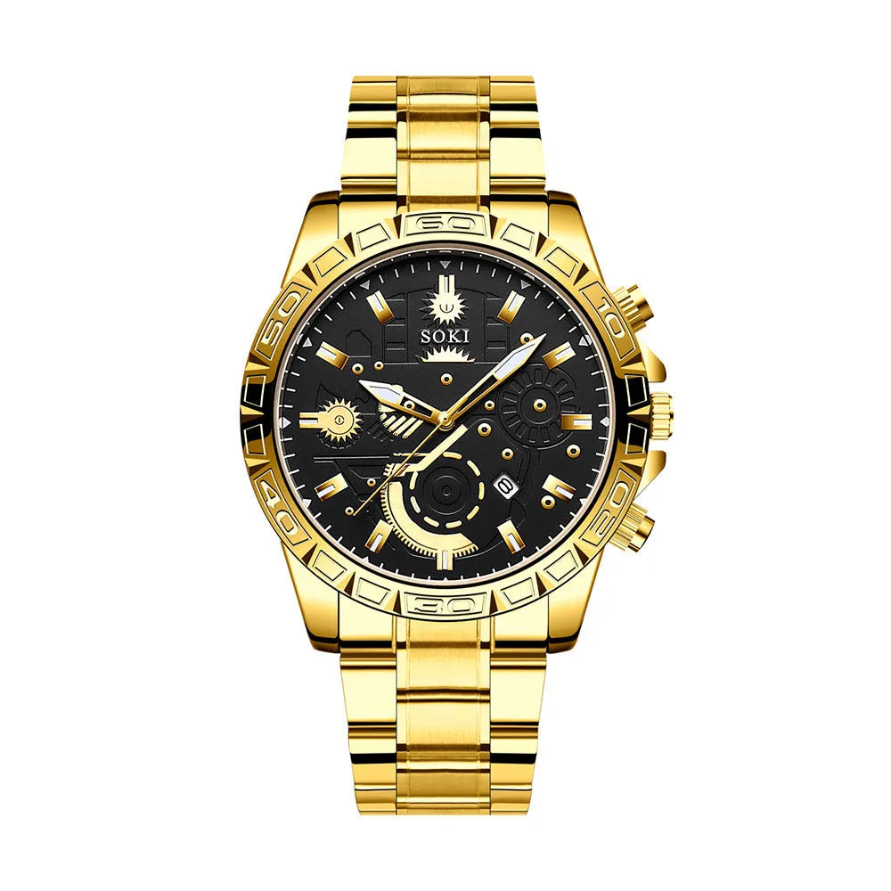 Gold men's stainless steel business quartz watch with calendar on wrist.