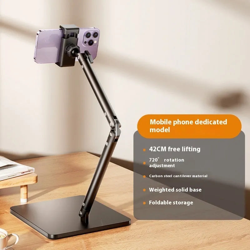 Alloy desktop bracket holding a mobile phone with adjustable arms for live streaming and shooting