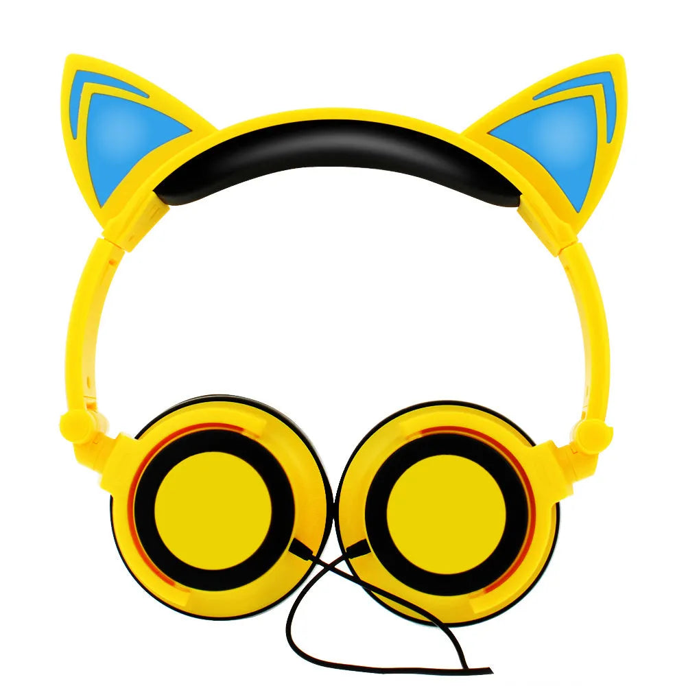 Black cat ear headphones with illuminated blue LED lights on the ears and ear cushions.