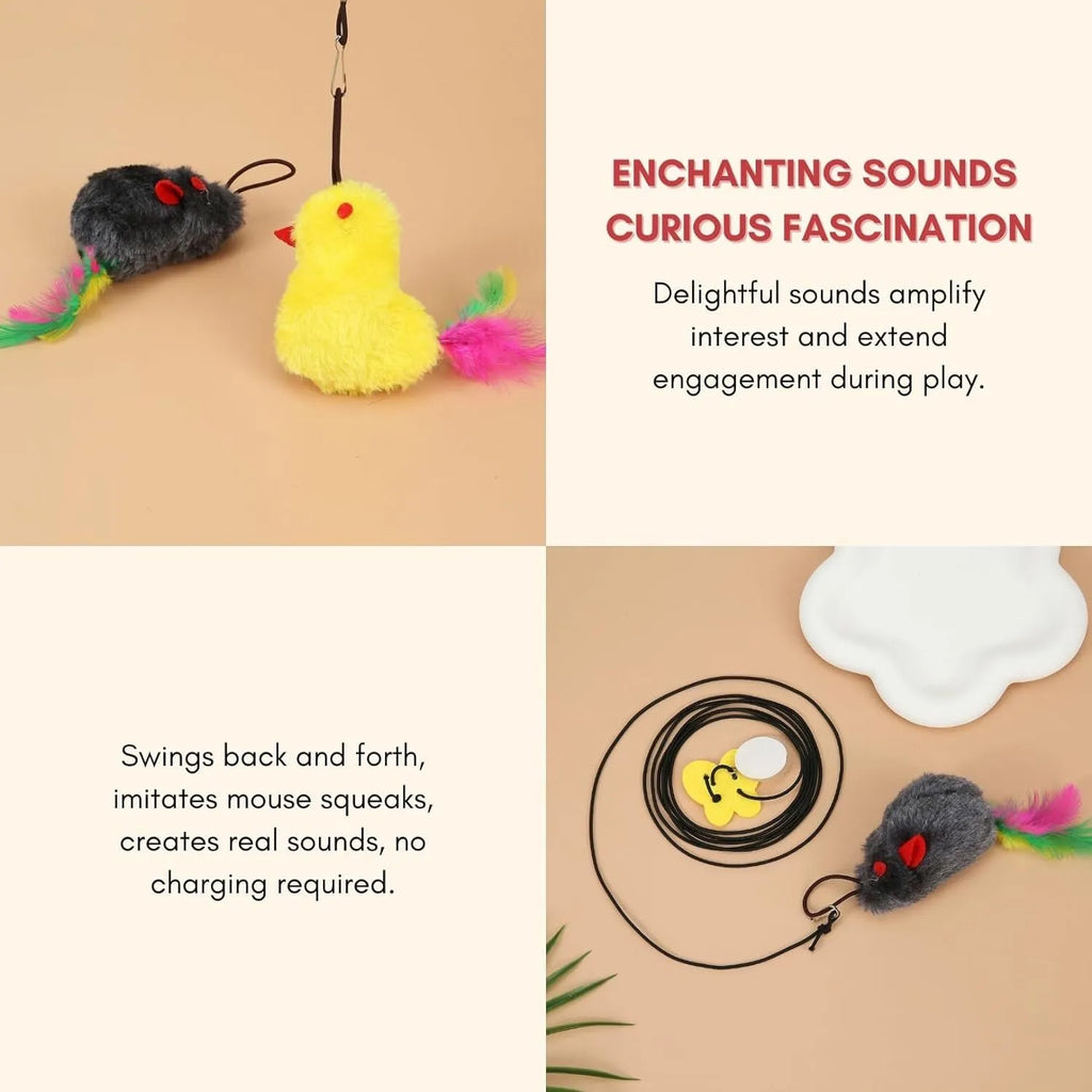 Interactive cat toy hanging from door frame with dangling mouse and chicken toys on elastic rope