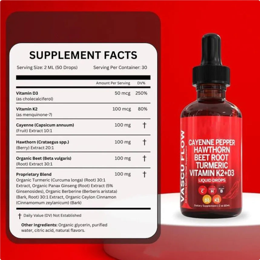 60ml bottle of Vitamin D3 and K2 liquid drops with hawthorn fruit extract and a dropper.