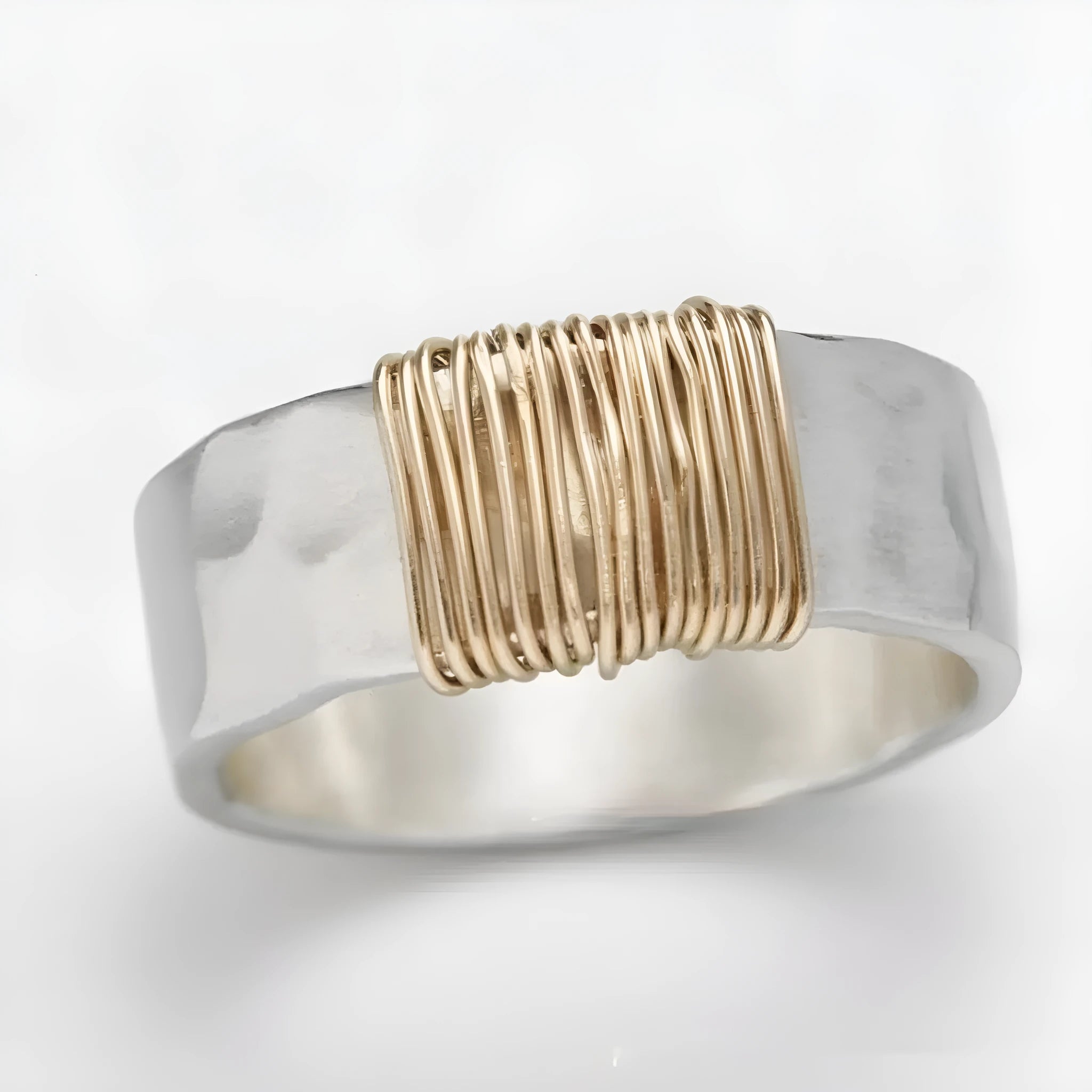 Geometric copper ring bracelet with irregular coil design in silver or gold electroplated finish