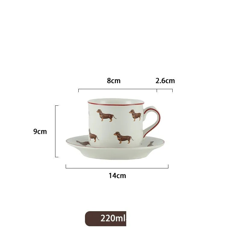 Ceramic sausage dog teapot mug cup and saucer three-piece set on table