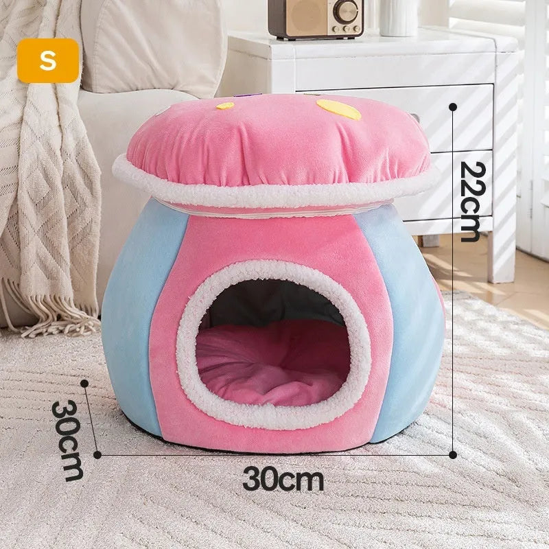 Grey mushroom-shaped plush cat bed nest for small pets on a white background.
