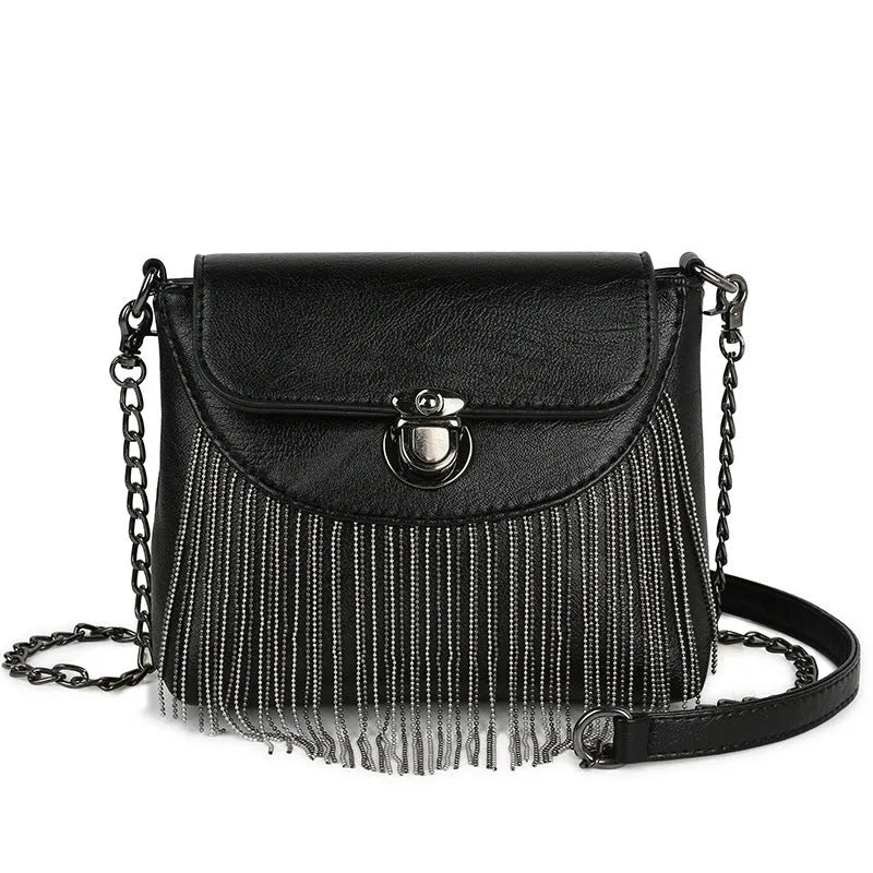 Women's rivet tassel chain crossbody bag PU cotton lining 18x6x13 cm Style 1 and Style 2