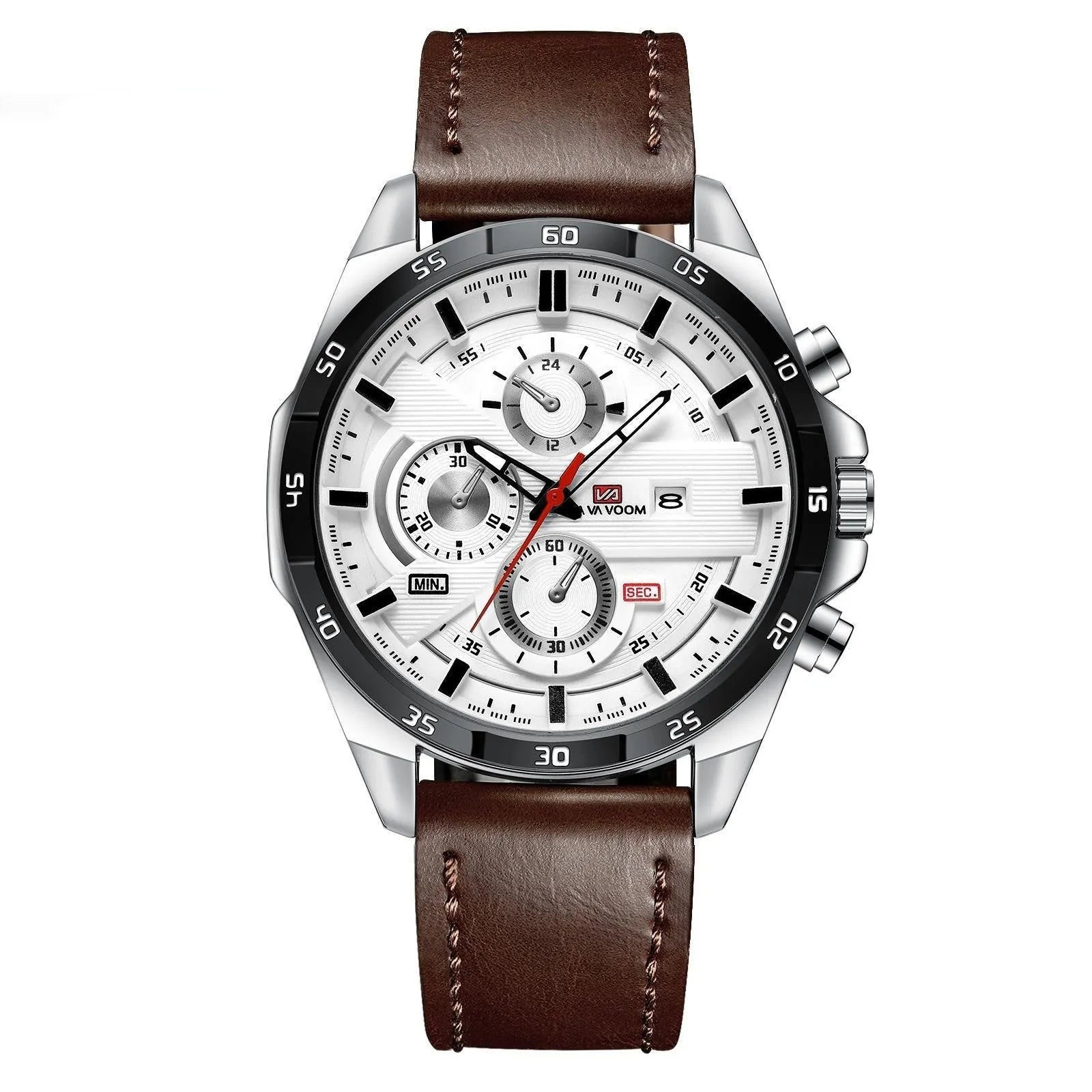 Men's waterproof quartz watch with calendar display and decorative metal casing