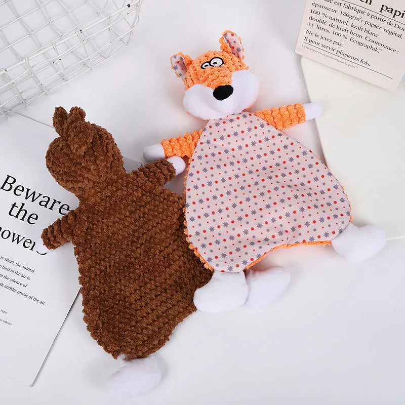Brown velvet pet toy with fox and elephant designs containing sound paper for dogs and cats