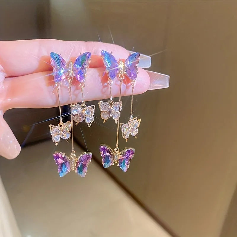 Silver needle blue purple butterfly tassel earrings with crystal flowers on alloy electroplated drop earrings