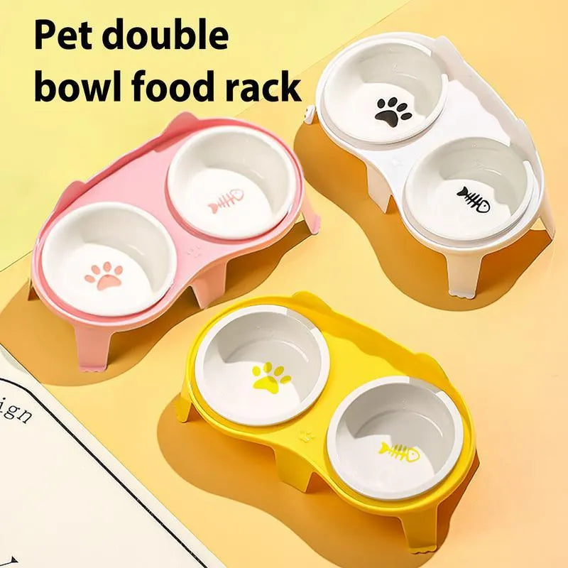 Ceramic cat food and water bowl set with elevated tilted stand in blue, pink, white or yellow