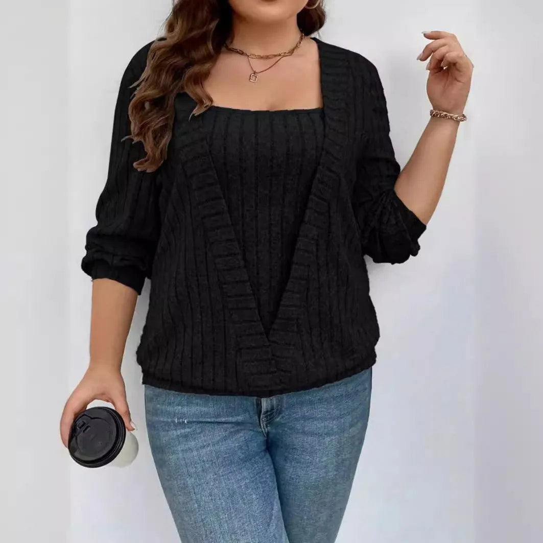 Women's solid colour ribbed false two-piece suit with V-neck and long sleeves