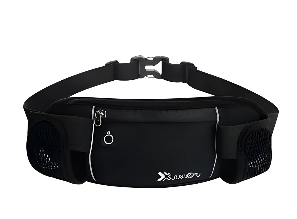 Outdoor sports running belt with diving material, 32x12cm, black colour, showing two pockets for kettle and mobile phone