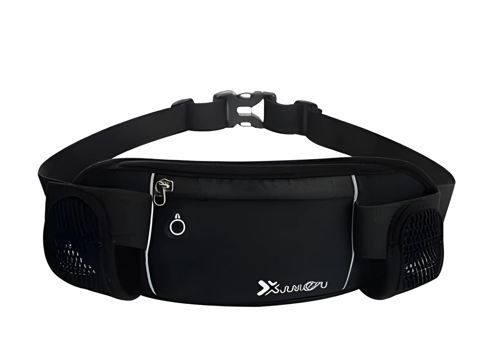 Outdoor sports running belt with diving material, 32x12cm, black colour, showing two pockets for kettle and mobile phone