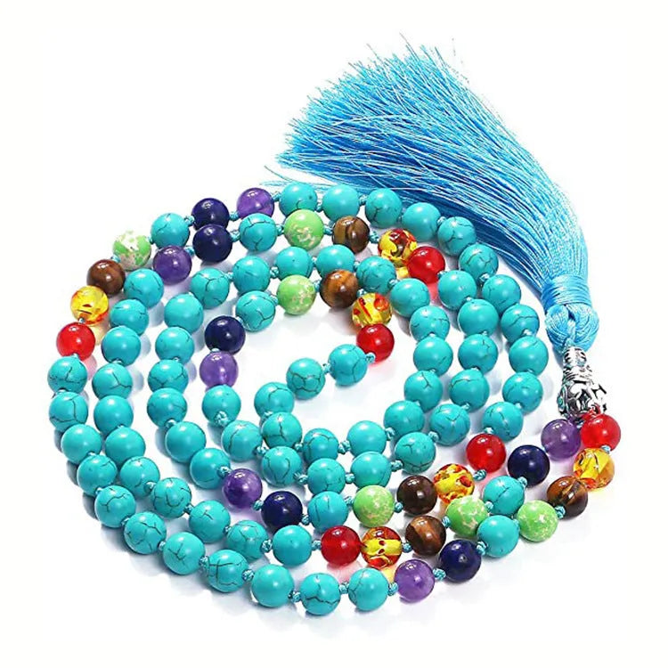 Agate tassel necklace with geometric pattern featuring multiple colourful stones including amethyst and lapis lazuli