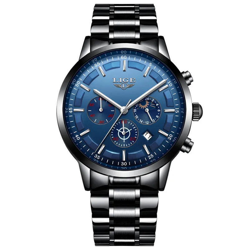 Men's black and rose red gold quartz sports watch with waterproof design
