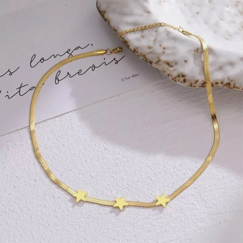 Gold titanium steel star pendant necklace on gothic snake chain with adjustable fit 41-50 cm
