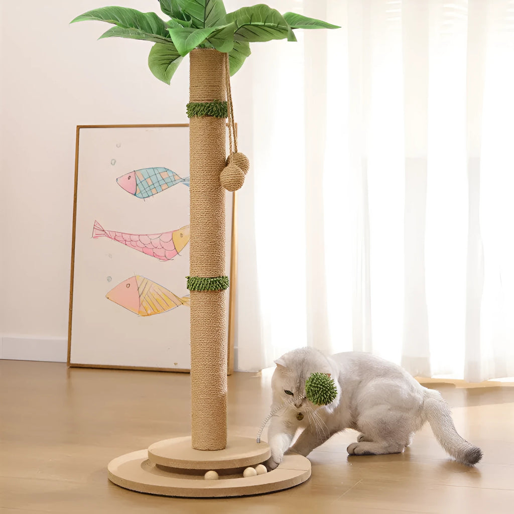 Vertical cat climbing frame with hemp rope wrap on density plate core in Canna colour
