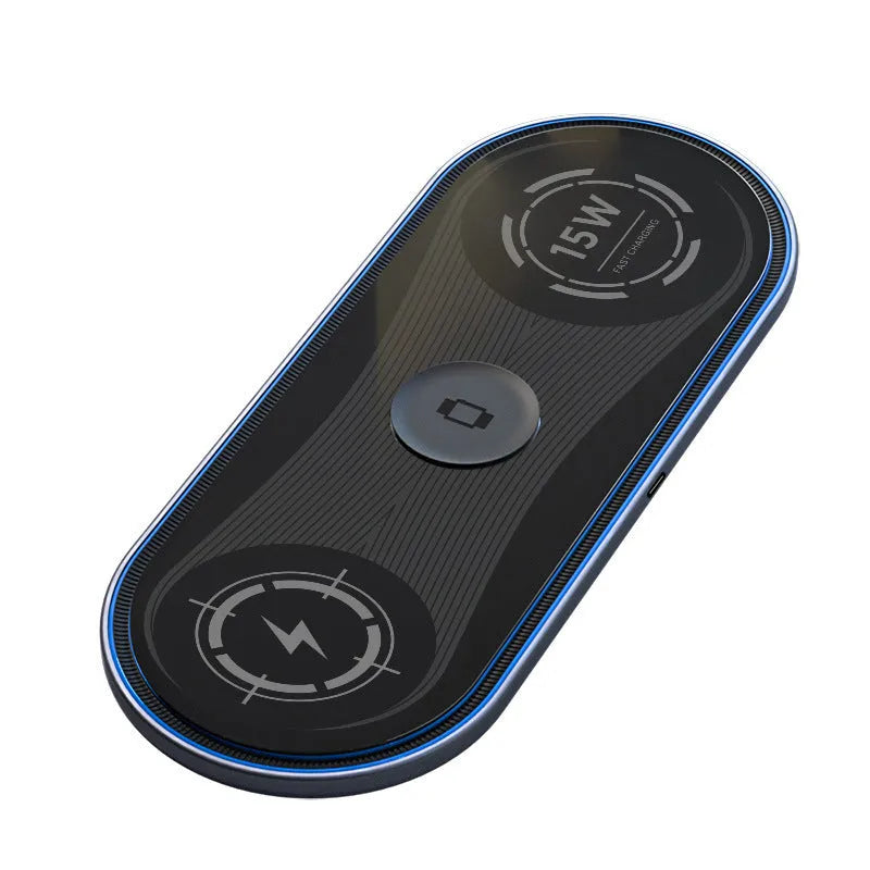 Flat 3-in-1 wireless charger 15W with ambient light in Black, charging a smartphone and earbuds on a desk