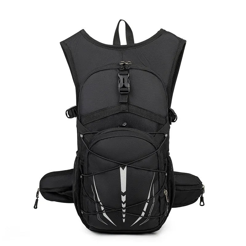 Lightweight breathable mesh hydration backpack in black with reflective details for trail running or mountain biking