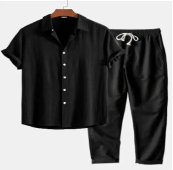 Men's floral print cardigan shirt with coordinating pants in slim fit casual style