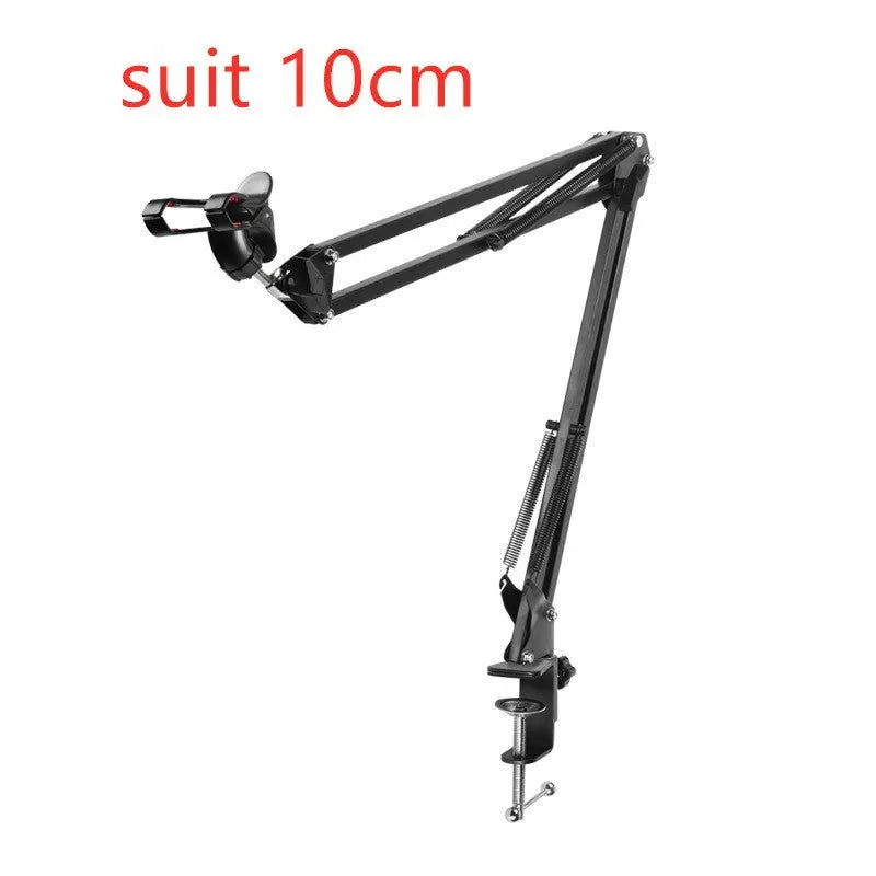 Black adjustable phone and tablet stand holding a mobile device on a desk.