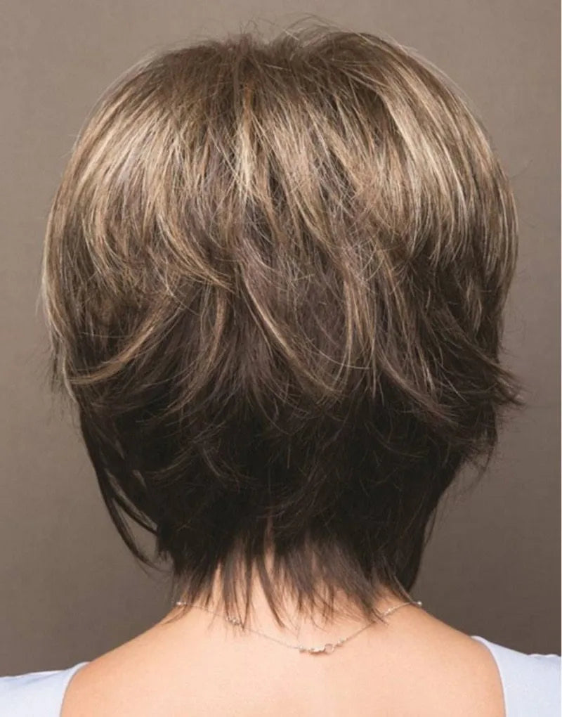 Mixed blonde brown short heat resistant wig on stand, brown colour, synthetic fibre