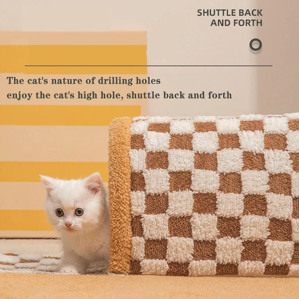 Brown plaid plush cat tunnel bed with central mat showing collapsible zipper design and non-slip bottom