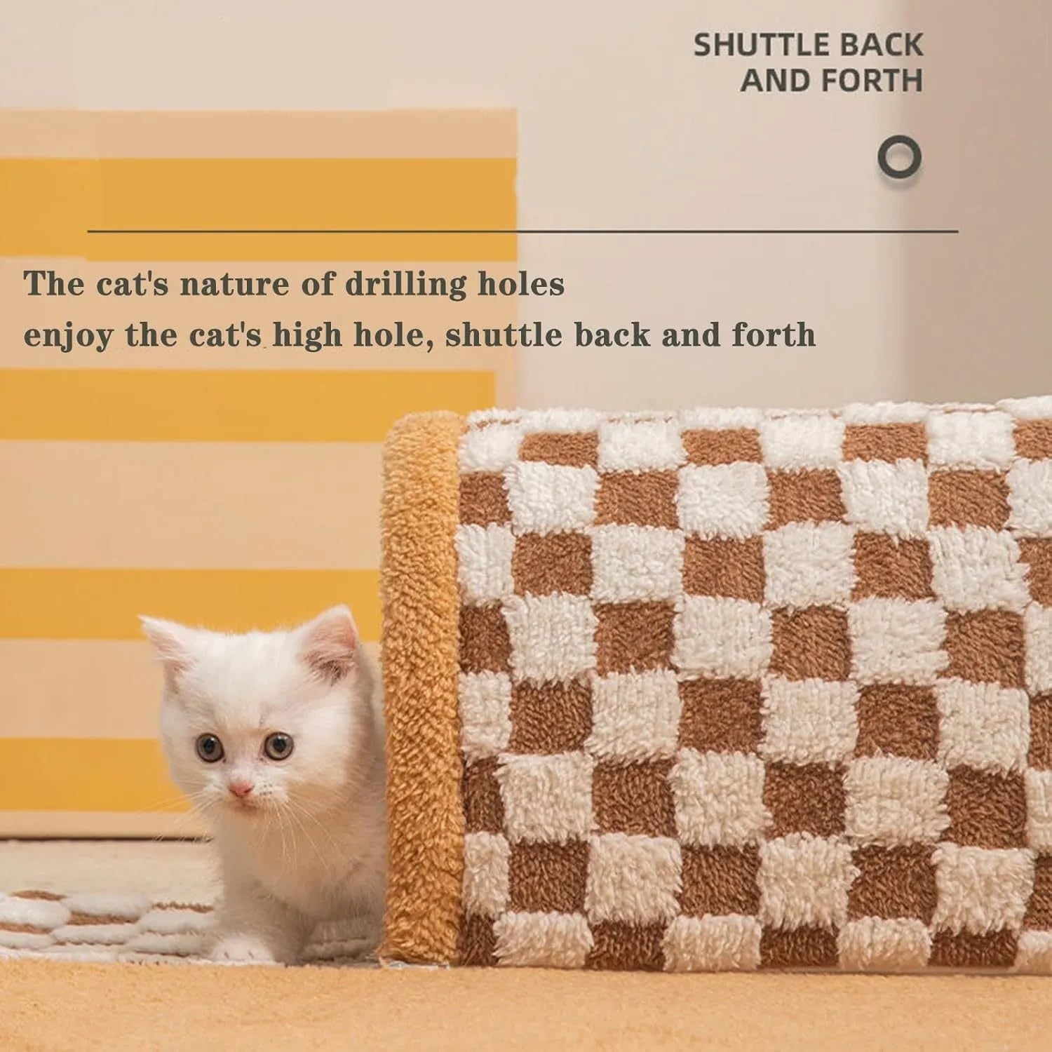 Brown plaid plush cat tunnel bed with central mat showing collapsible zipper design and non-slip bottom