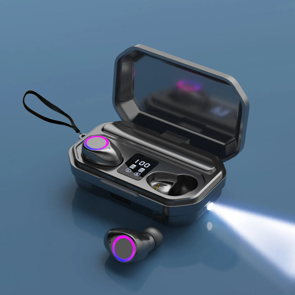 Black and white wireless Bluetooth headset with charging cabin showing LED power display