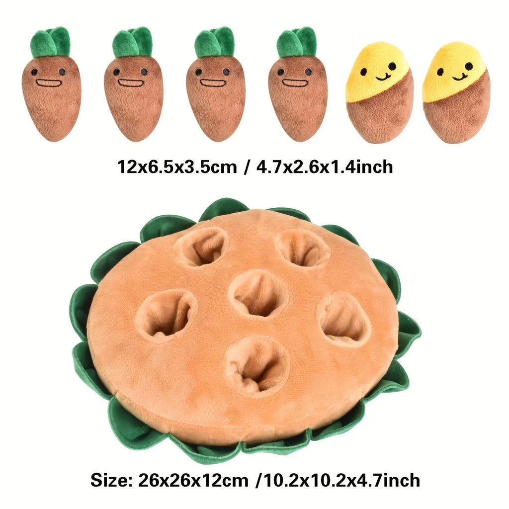 Yellow polyester dog sniffing pad puzzle toy with removable squeaky plush toys