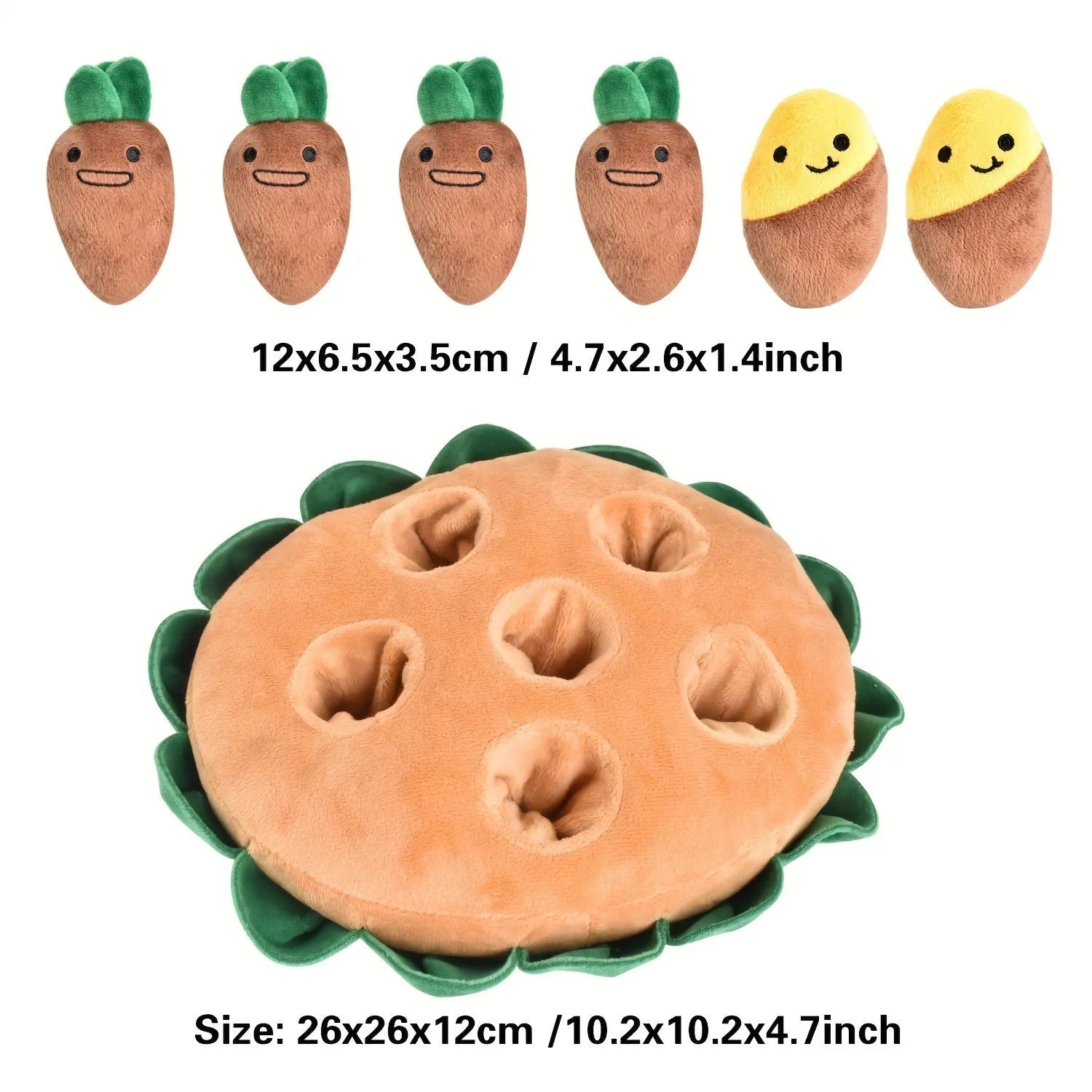 Yellow polyester dog sniffing pad puzzle toy with removable squeaky plush toys