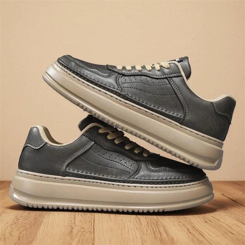 Leather British retro men's casual shoes in black, gray, and khaki with low heel thick sole