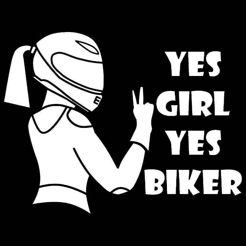 Cool girl rider character design car sticker in black, white, and laser colour options.