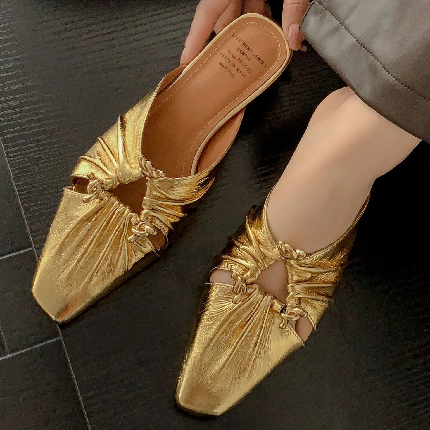 Women's genuine leather half toe cap slippers in silver with square toe and low heel