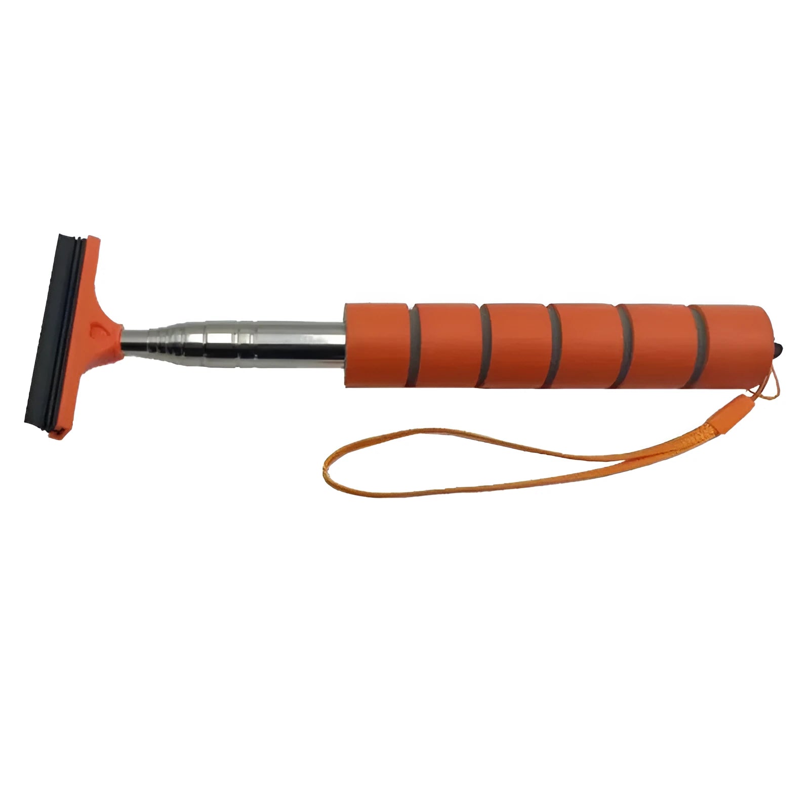 Retractable stainless steel car wiper hanging from a rearview mirror, shown extended and in black colour.