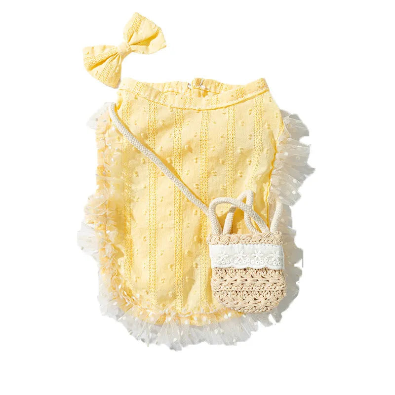 Small dog wearing two-tone blue country costume with ruffles, matching bow, and small woven crossbody bag