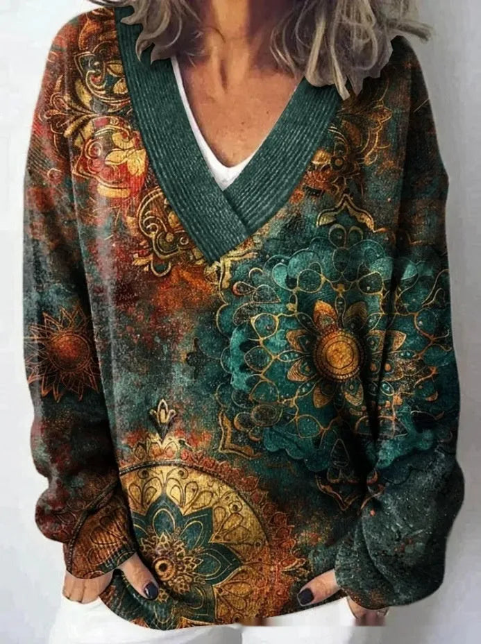 Women's art retro V-neck sweatshirt with a detailed 3D floral pattern print on long sleeves.
