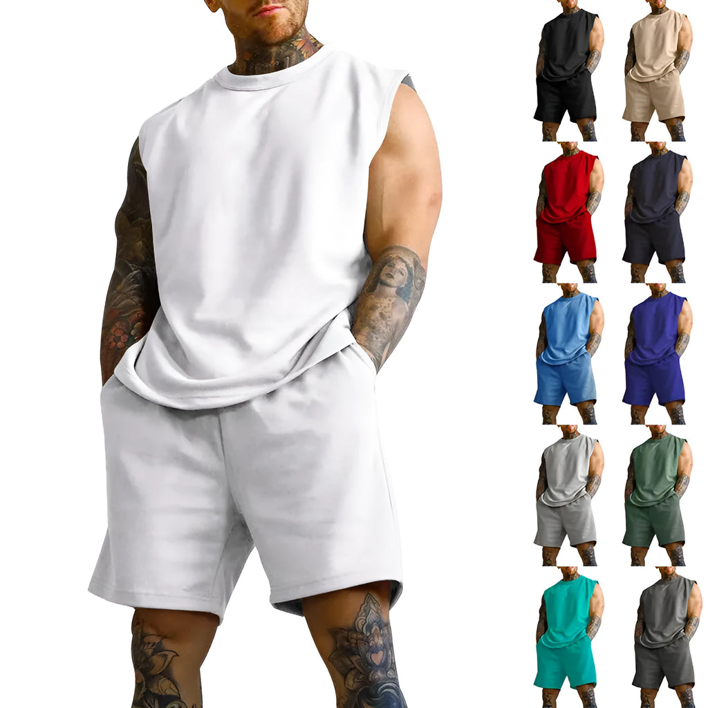 Men's sleeveless cotton blend sports top and matching shorts casual set in army green.