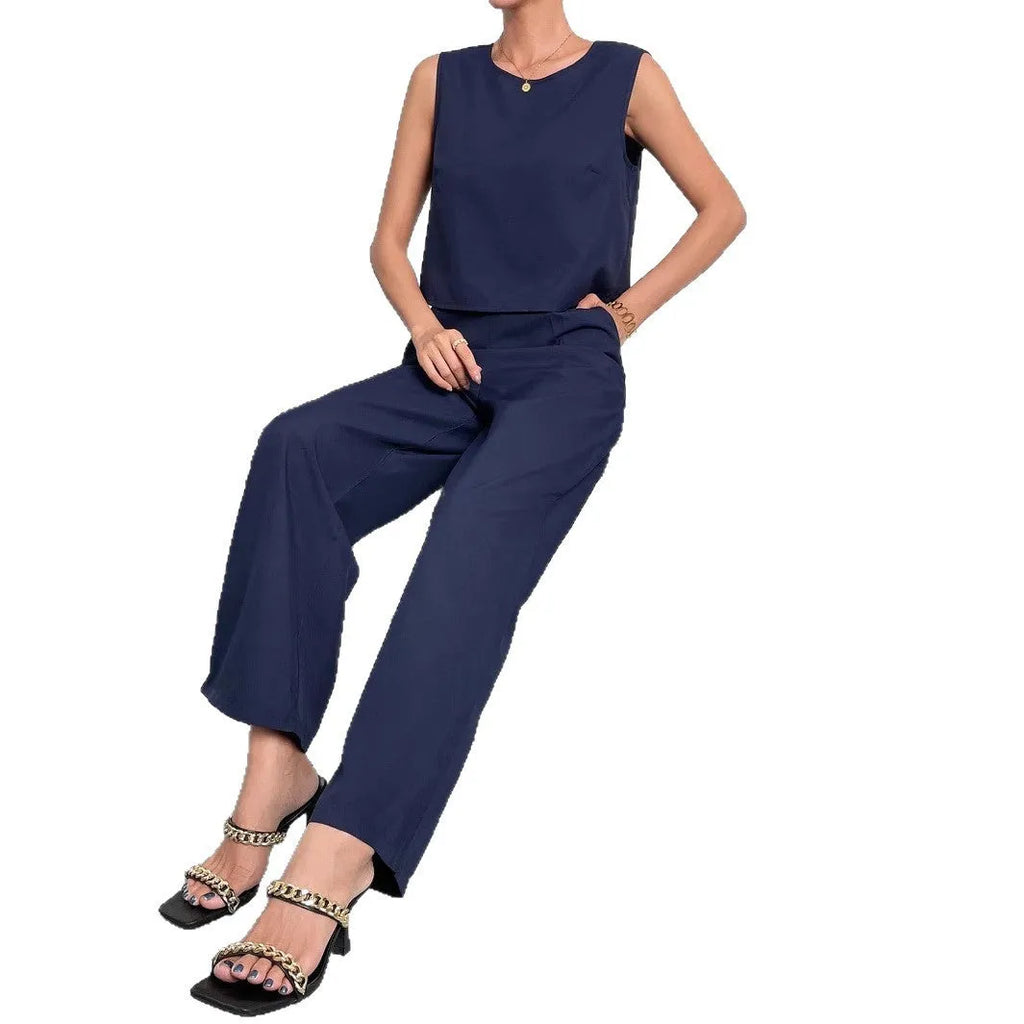 Women's sleeveless top and wide leg trousers two-piece set in red or navy blue