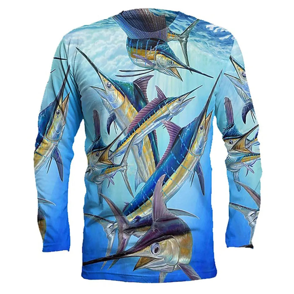 Men's grey round neck pullover top with an all-over printed fish pattern on the front and sleeves.