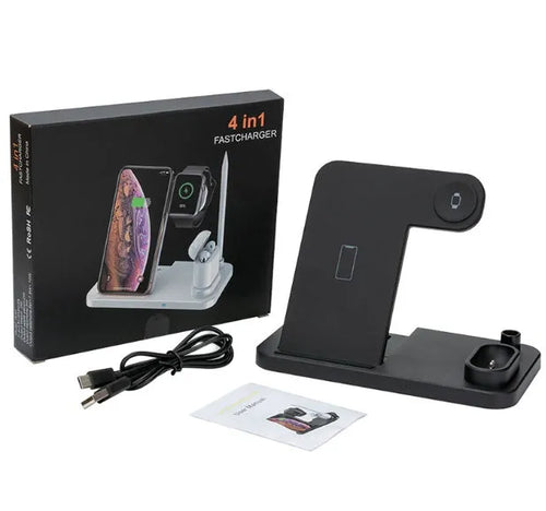 Black and white 4-in-1 wireless charging station showing phone on adjustable stand, Apple Watch, AirPods, and Apple Pencil charging simultaneously.