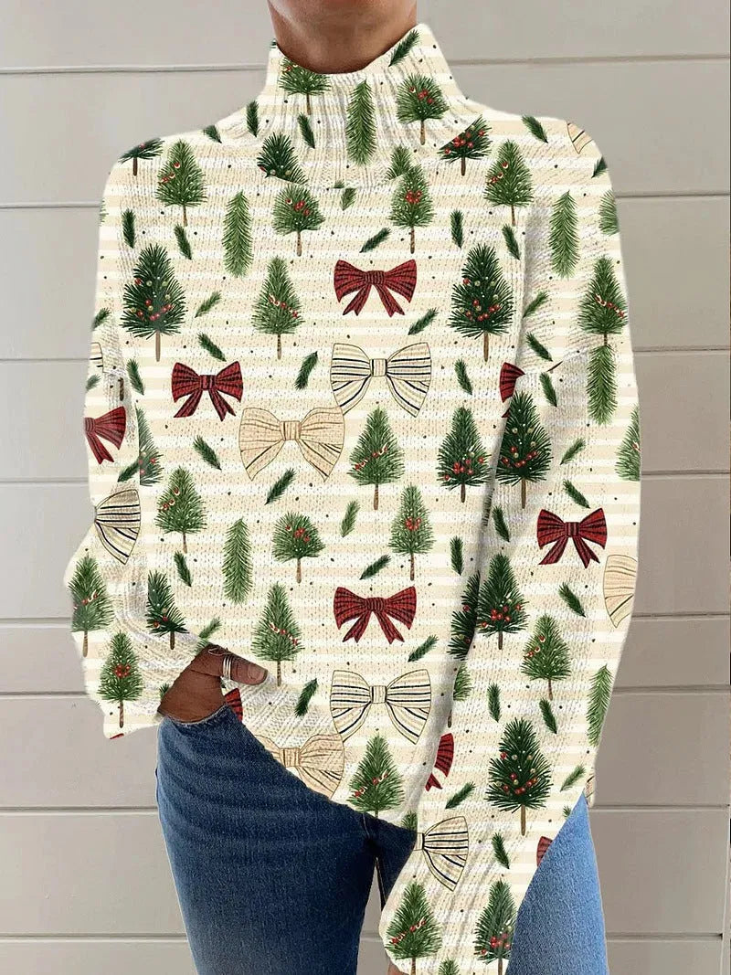 Women's Christmas printed turtleneck sweater in loose fit with festive design