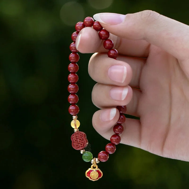 Chinese-style cinnabar bracelet with emperor sandstone beads and fu character design