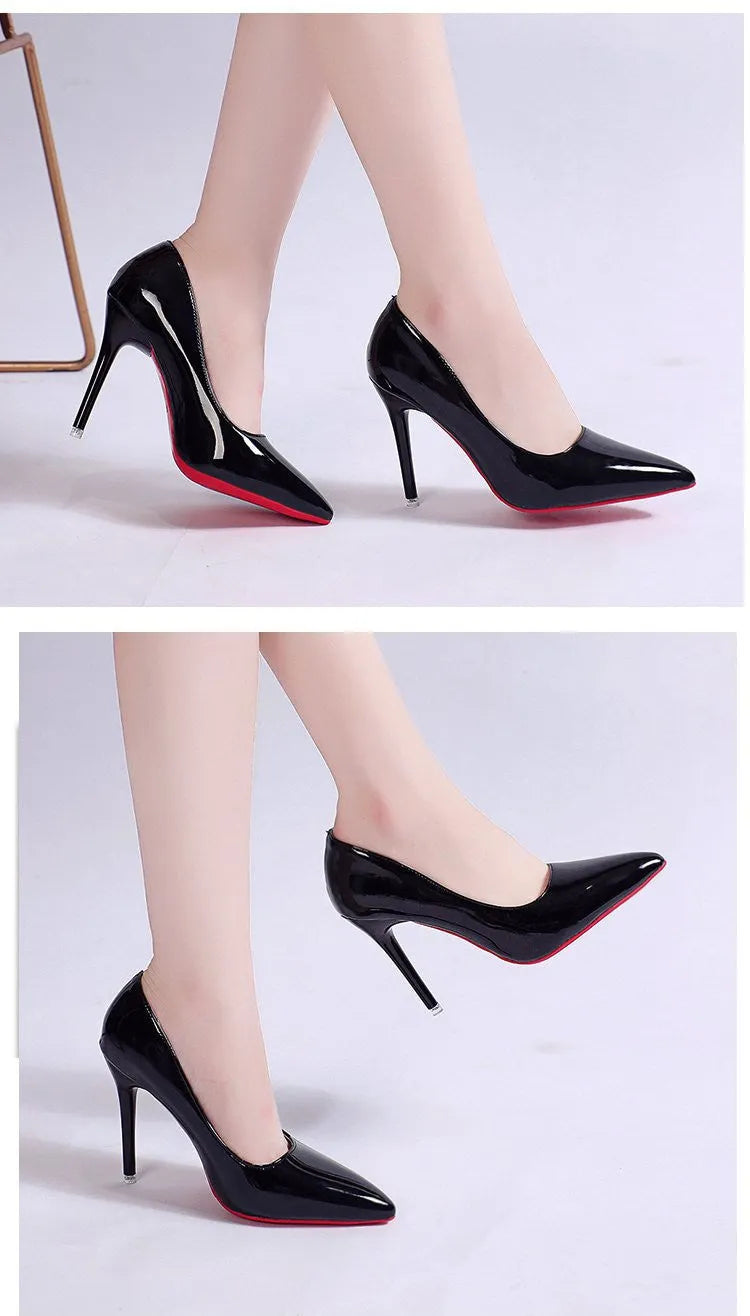 Women's pointed toe stiletto pump in a solid colour with a shallow cut, showing heel height options.
