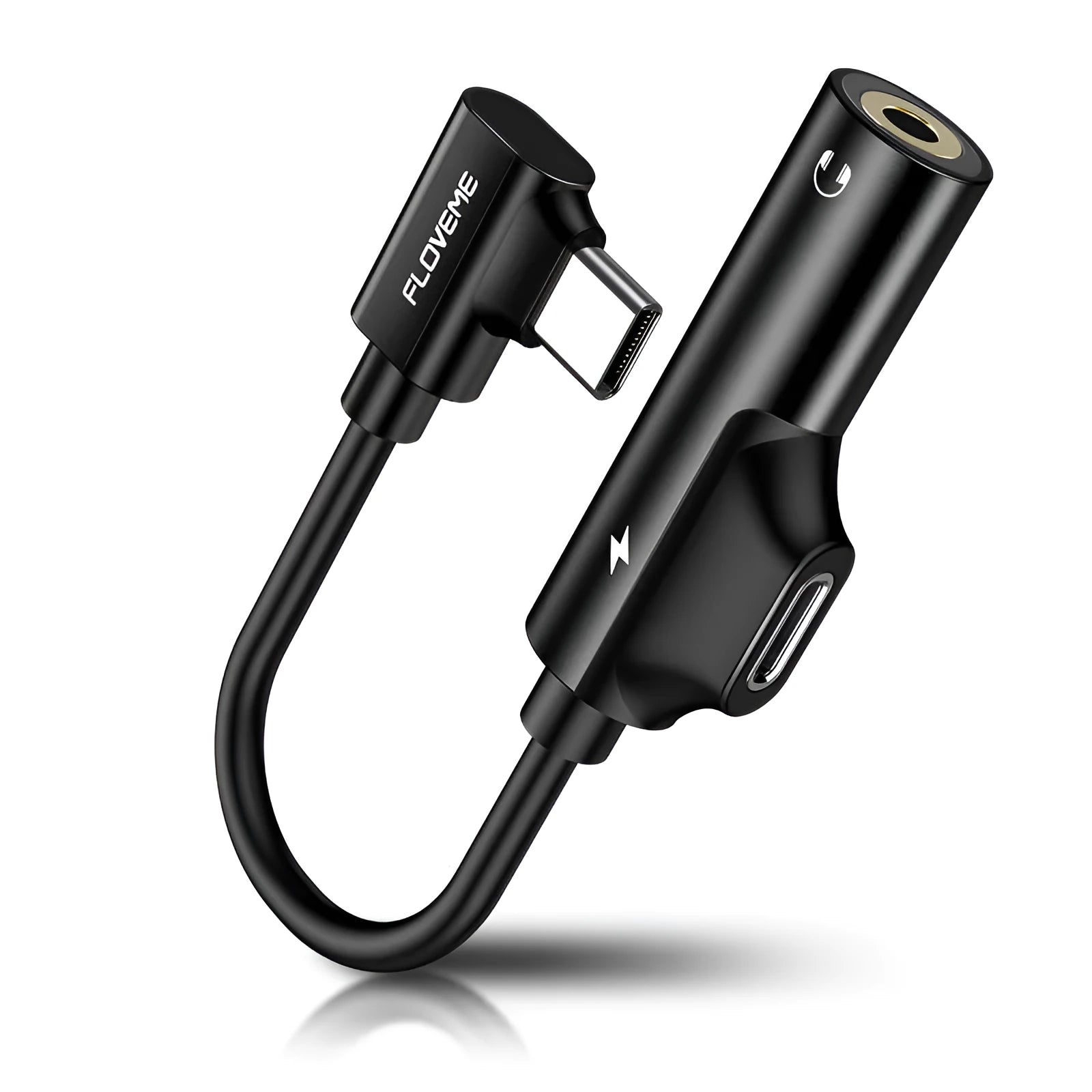 Lightning audio charging adapter in anodised aluminium alloy, 5V1A, black, with dual Lightning ports for charging and earphones