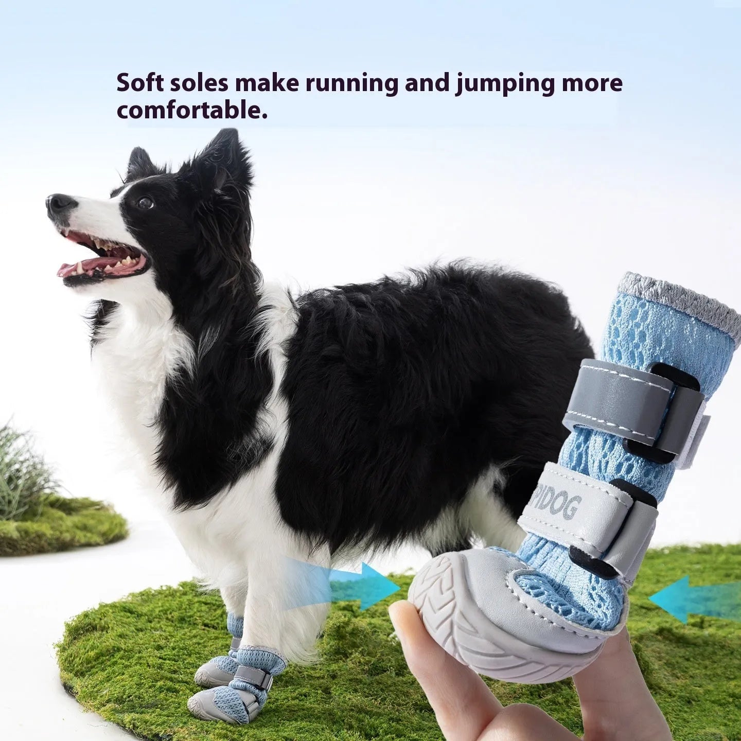 Cartoon-style blue and green dog shoes with wear-resistant PU soles for summer paw protection.