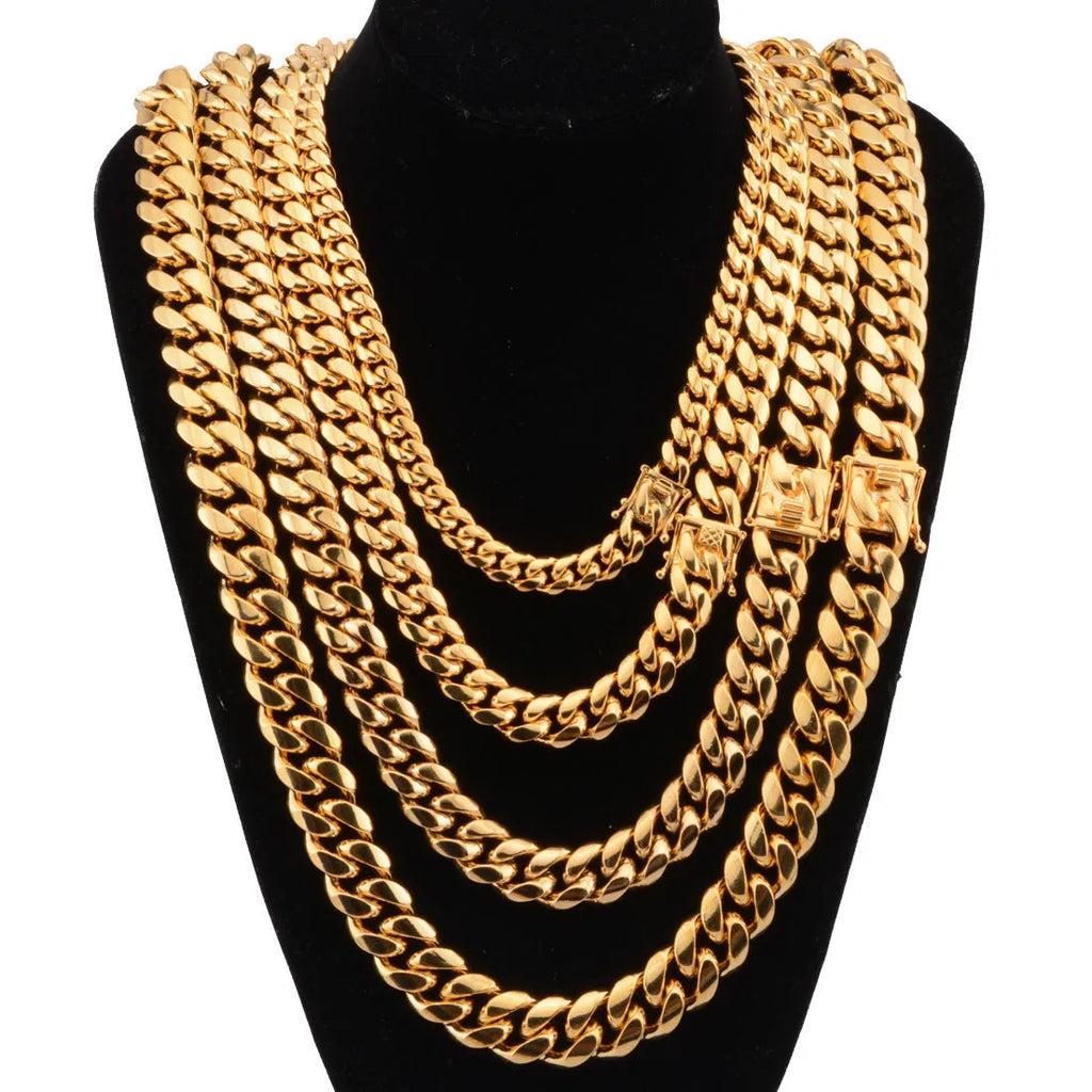 Gold stainless steel Miami Cuban link chain 12mm width on a white background