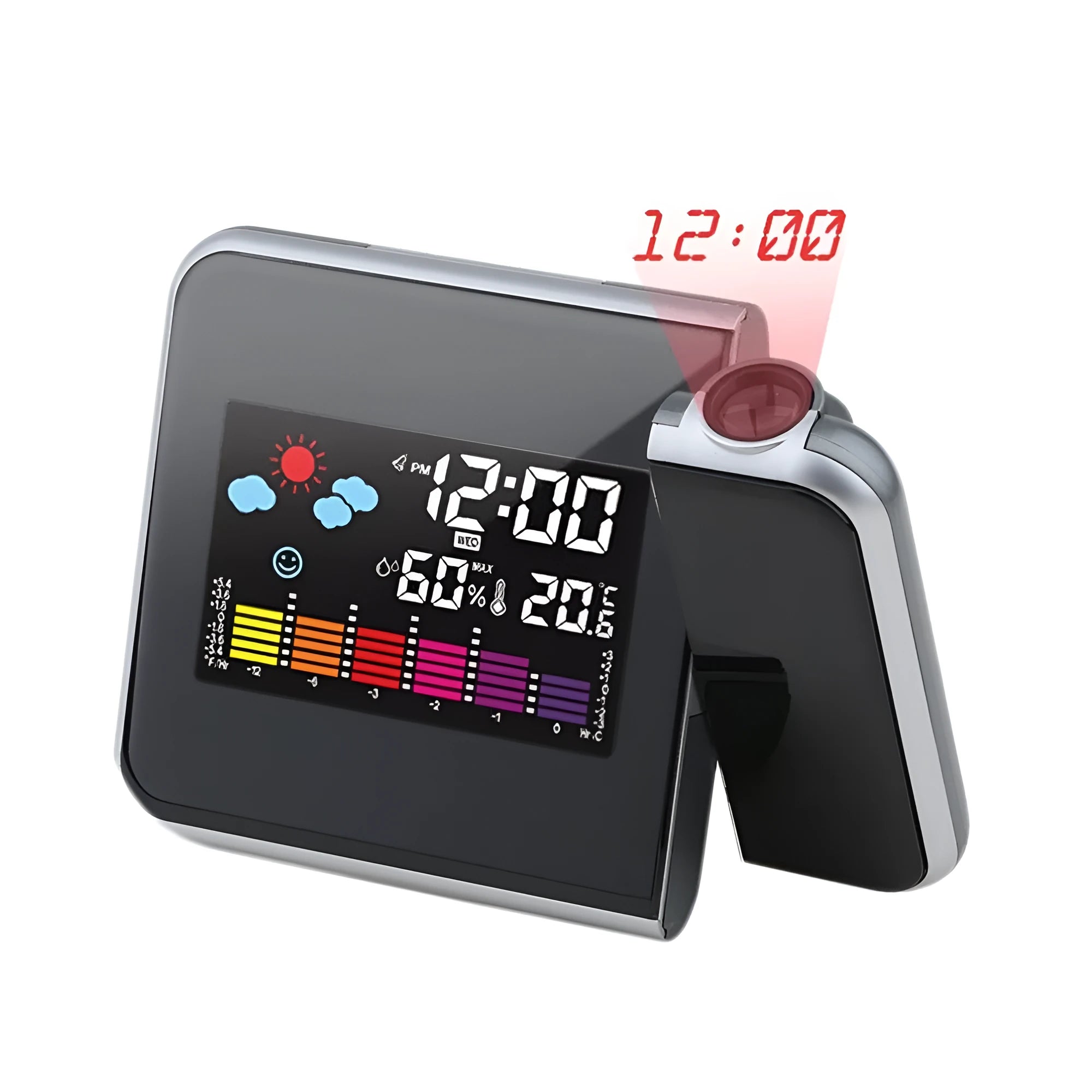 Black digital projection alarm clock with thermometer and hygrometer on bedside table